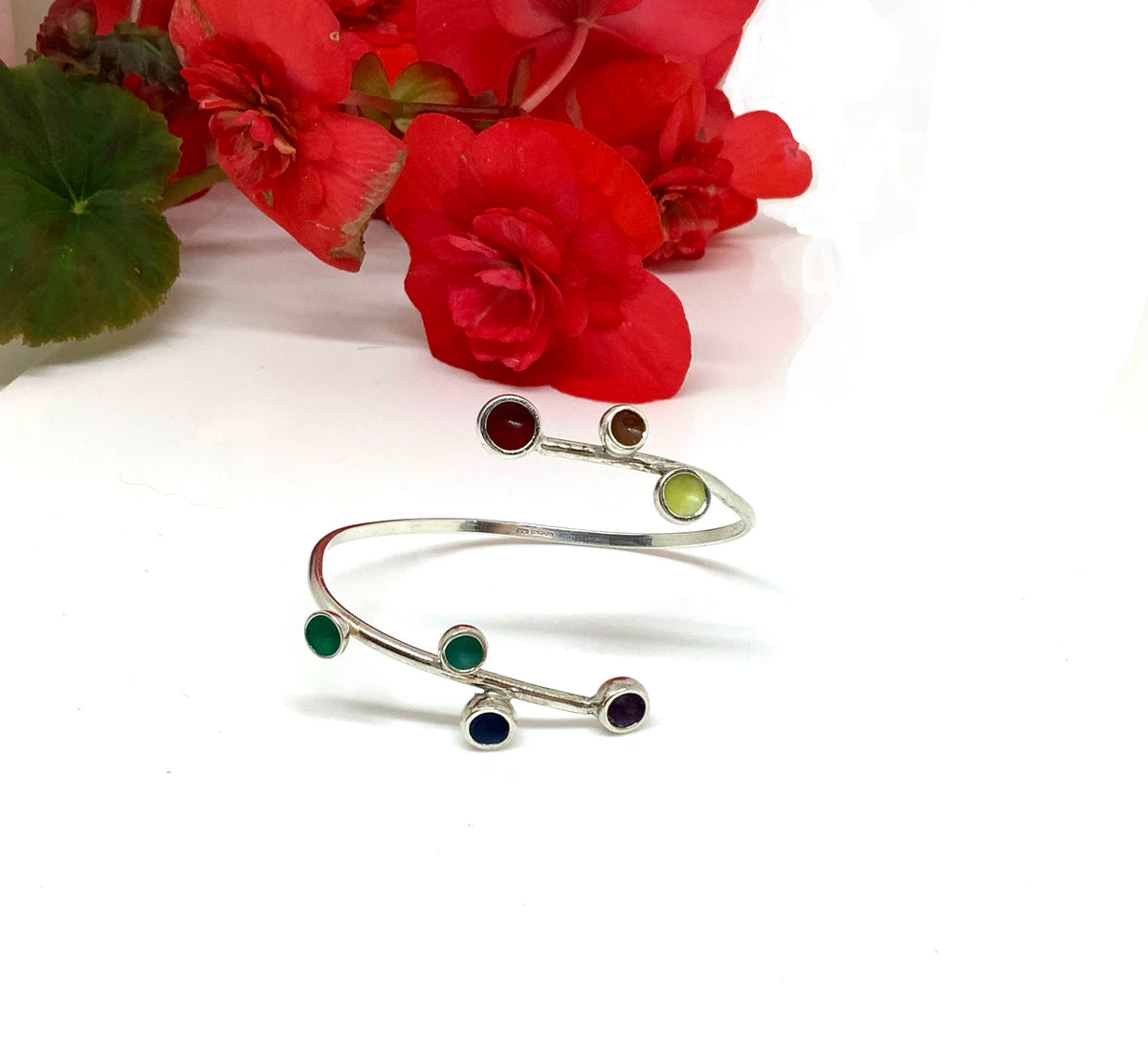 Sterling silver bangle with rainbow colours enamel