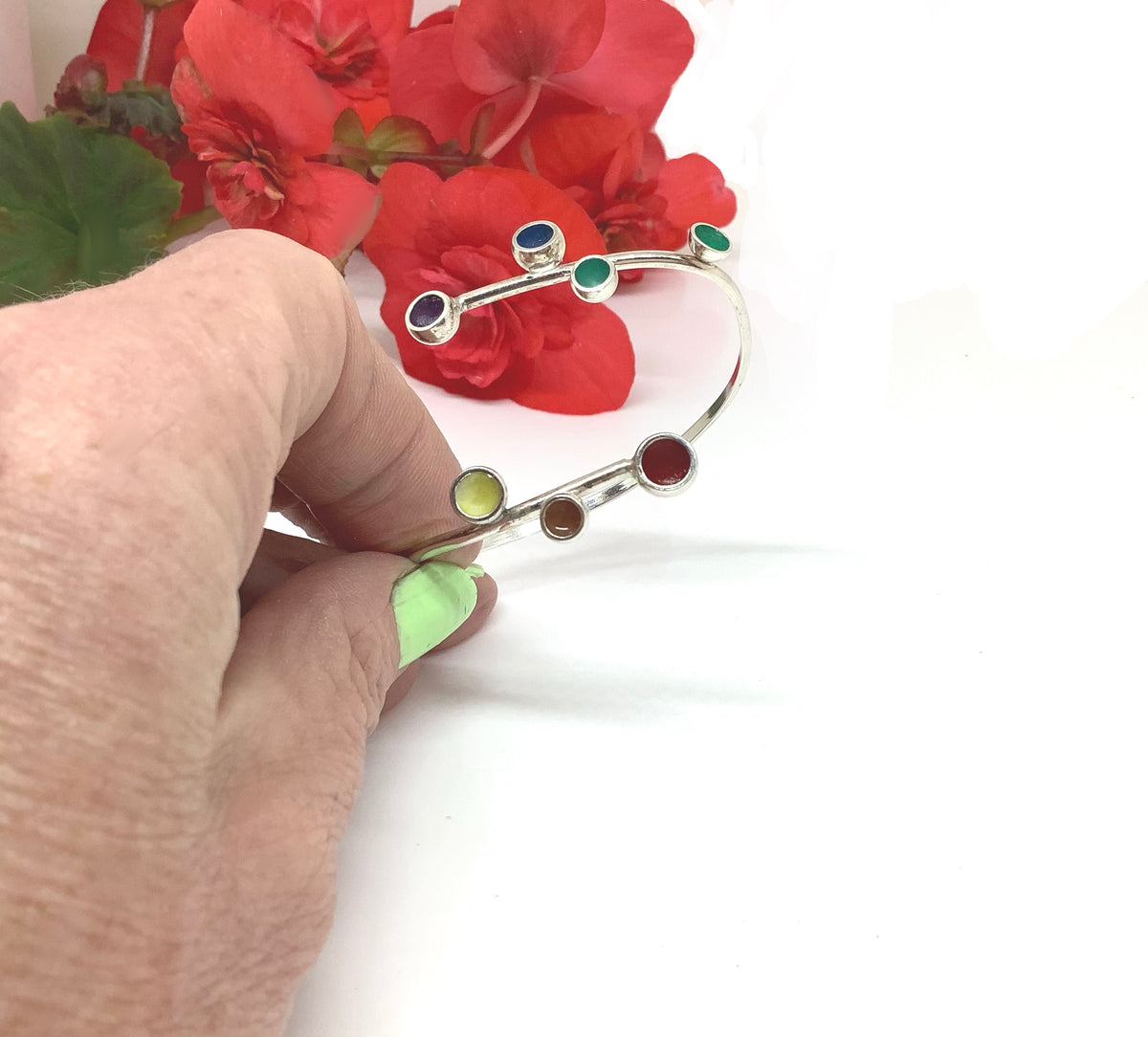 Sterling silver bangle with rainbow colours enamel
