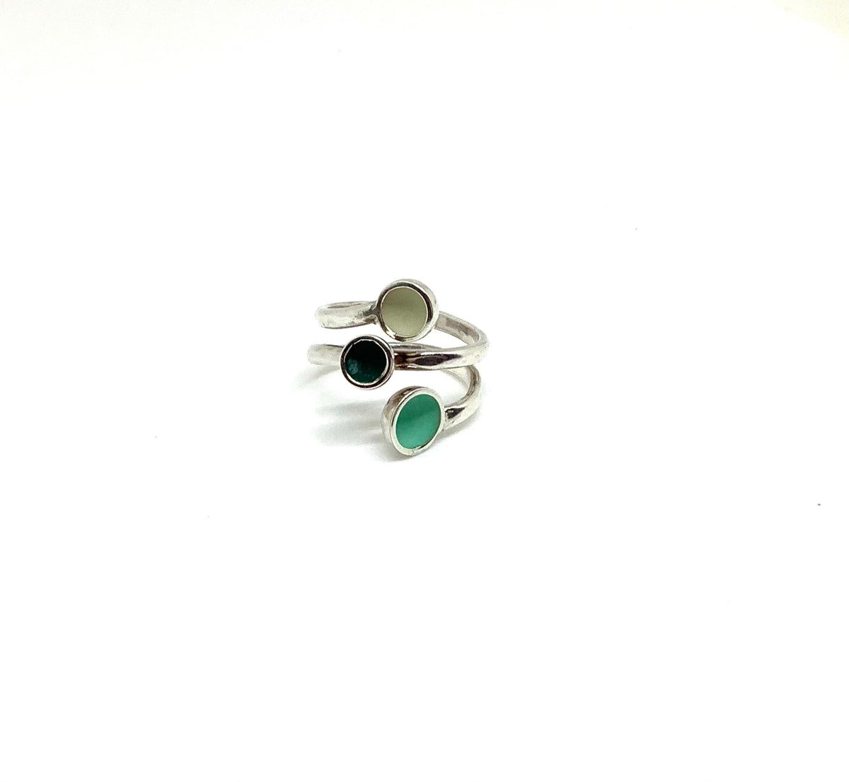 Sterling silver ring with mid teal, dark green and white enamel