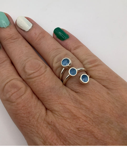 Sterling silver adjustable ring with sky blue enamel
