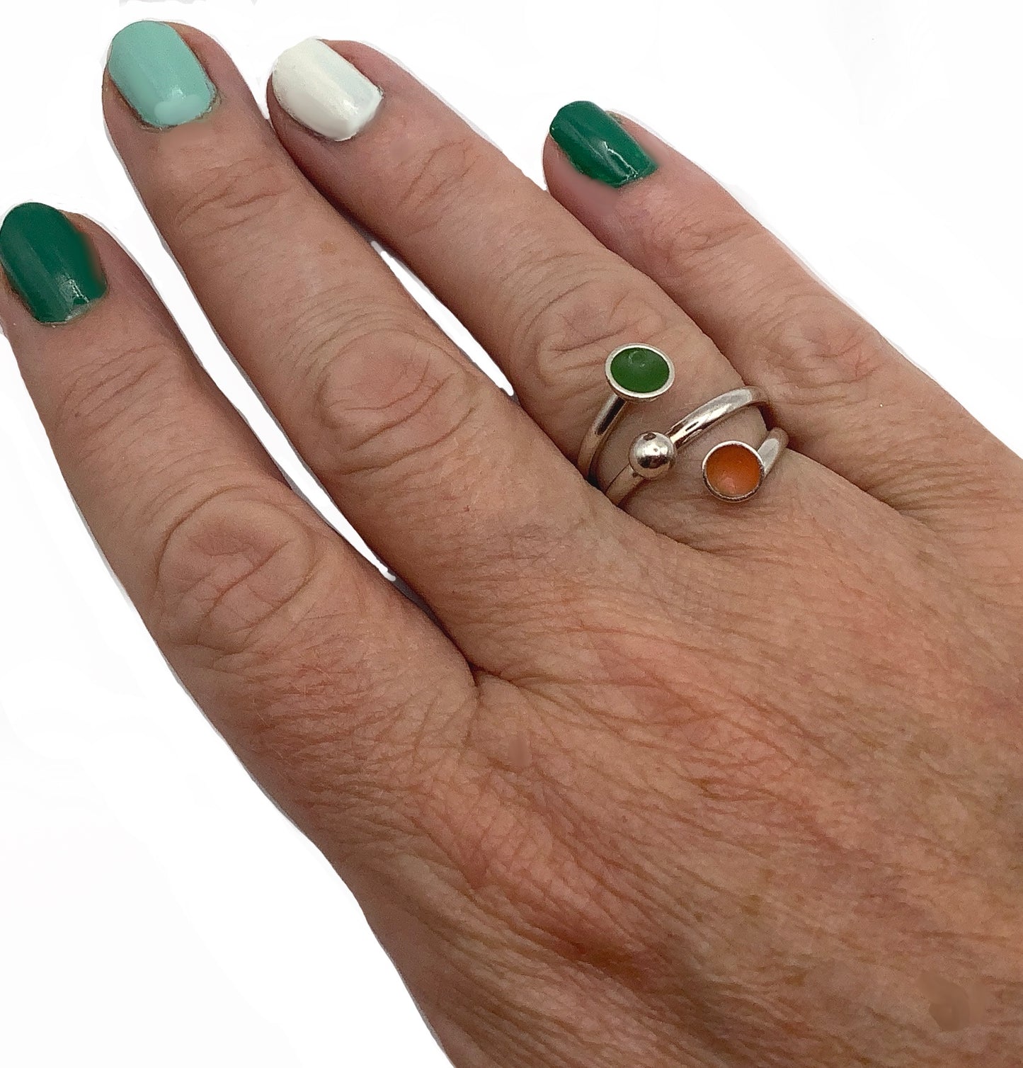 Sterling silver adjustable ring with green and orange enamel