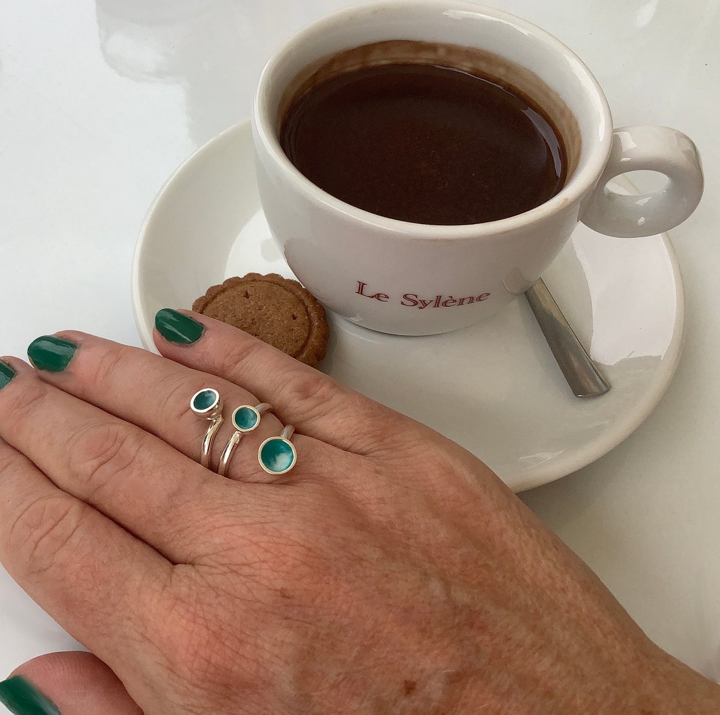 Sterling silver adjustable ring with sky blue enamel
