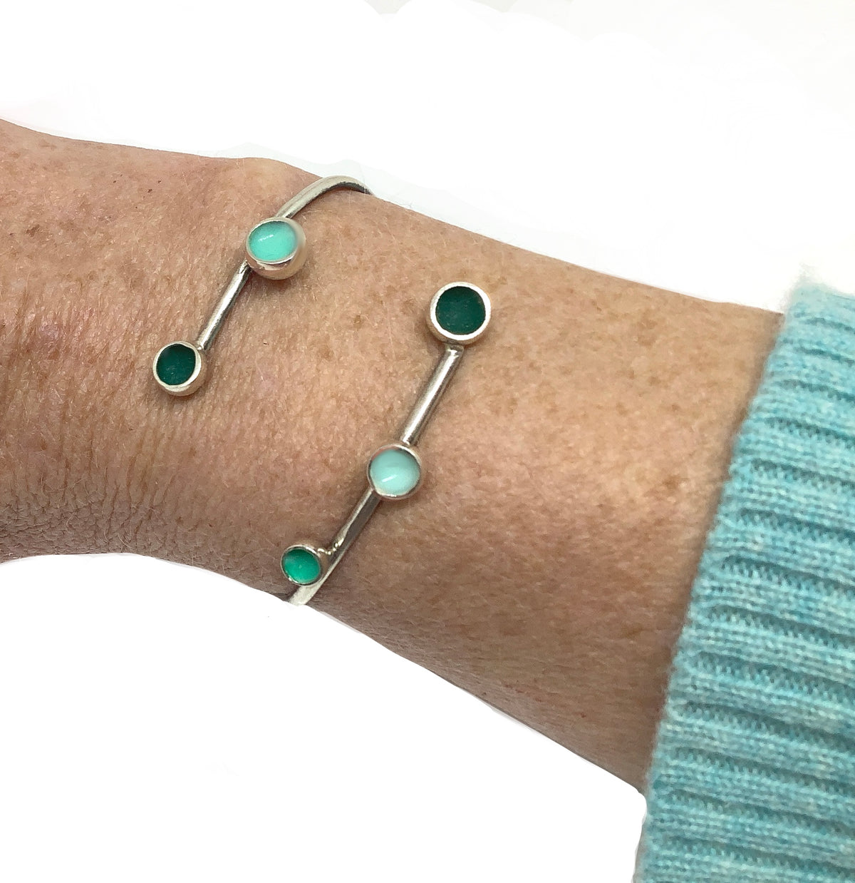 Sterling silver bangle with shades of viridian green