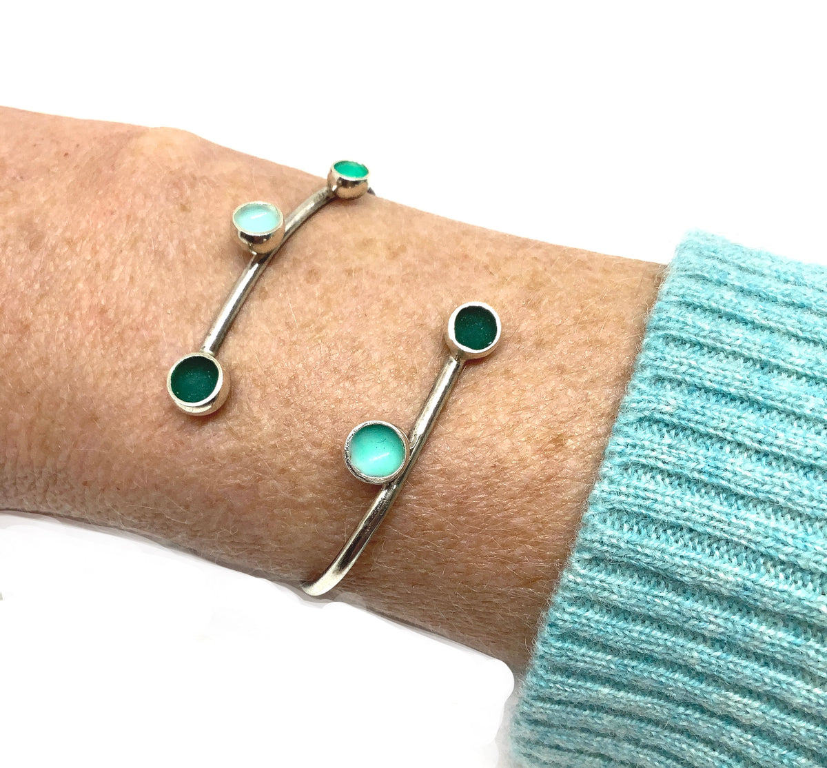 Sterling silver bangle with shades of viridian green