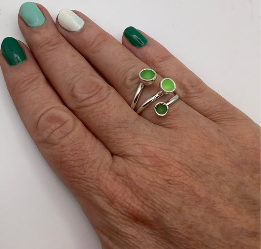 Sterling silver adjustable ring with fluorescent green enamel