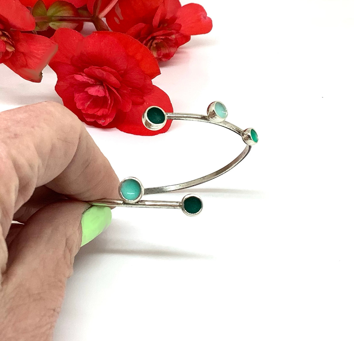 Sterling silver bangle with shades of viridian green