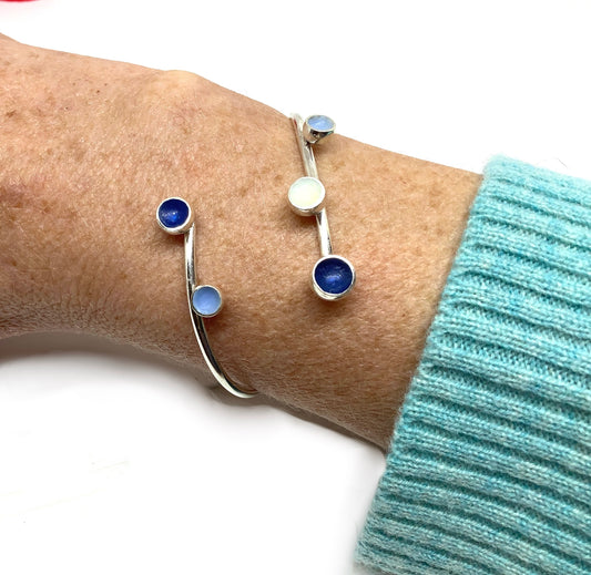 Sterling silver adjustable bangle with shades of blue enamel