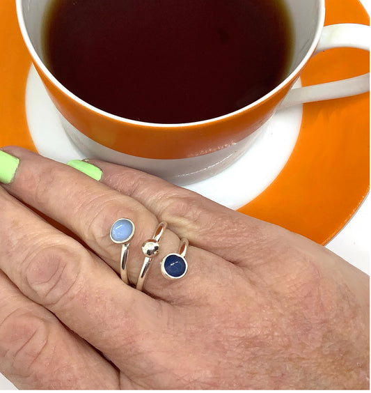 Sterling silver adjustable ring with dark and pale blue enamel