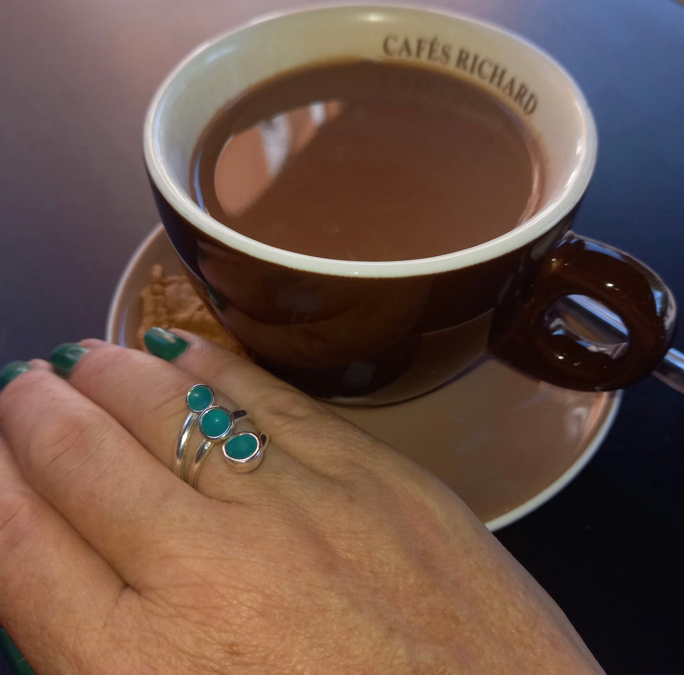 Sterling silver adjustable ring with turquoise enamel