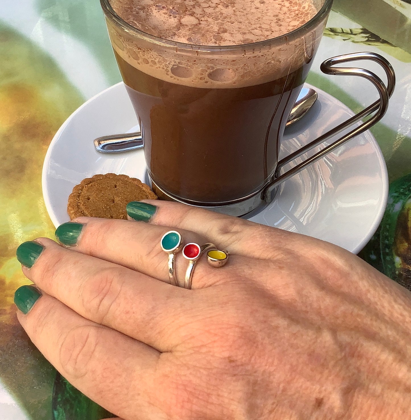 Sterling silver adjustable ring with red, yellow and blue enamel