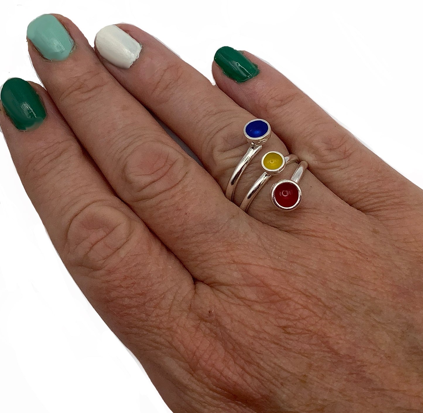 Sterling silver adjustable ring with red, yellow and blue enamel