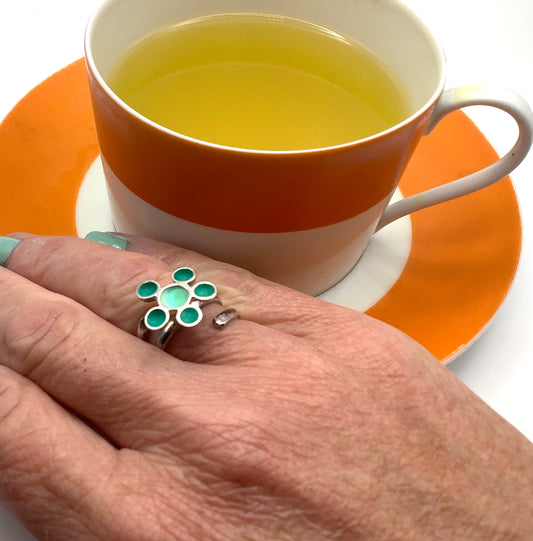 Sterling silver adjustable flower ring with turquoise & yellow enamel