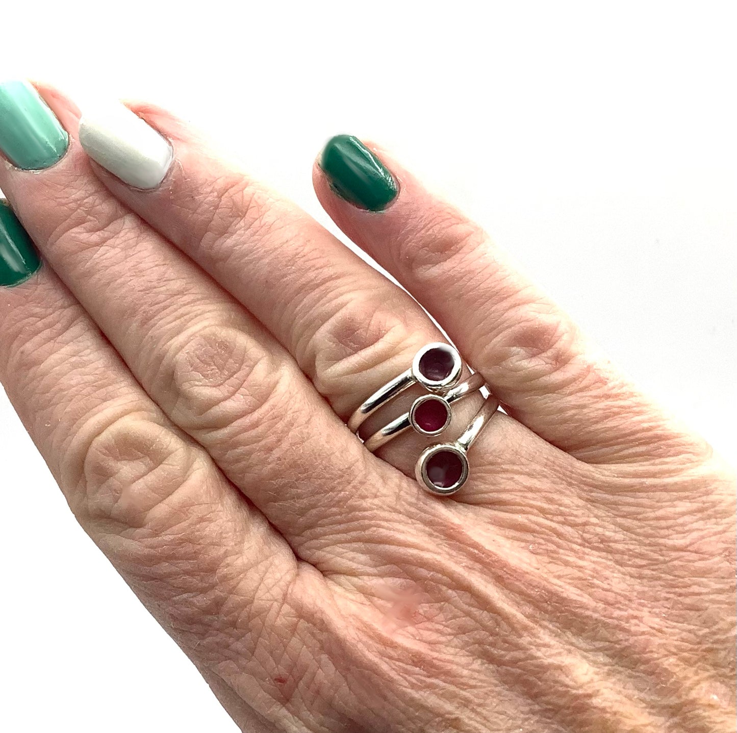 Sterling silver adjustable ring with dark pink/ cerise enamel