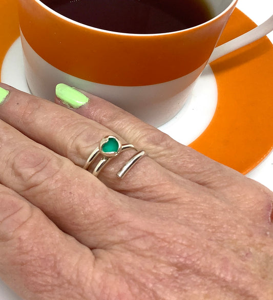 Sterling silver adjustable heart ring with teal enamel