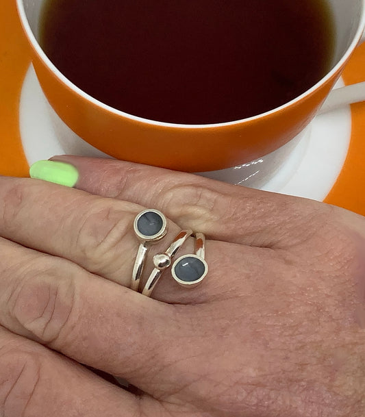 Sterling silver adjustable ring with grey enamel