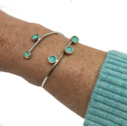 Sterling silver adjustable bangle with pale viridian green enamel